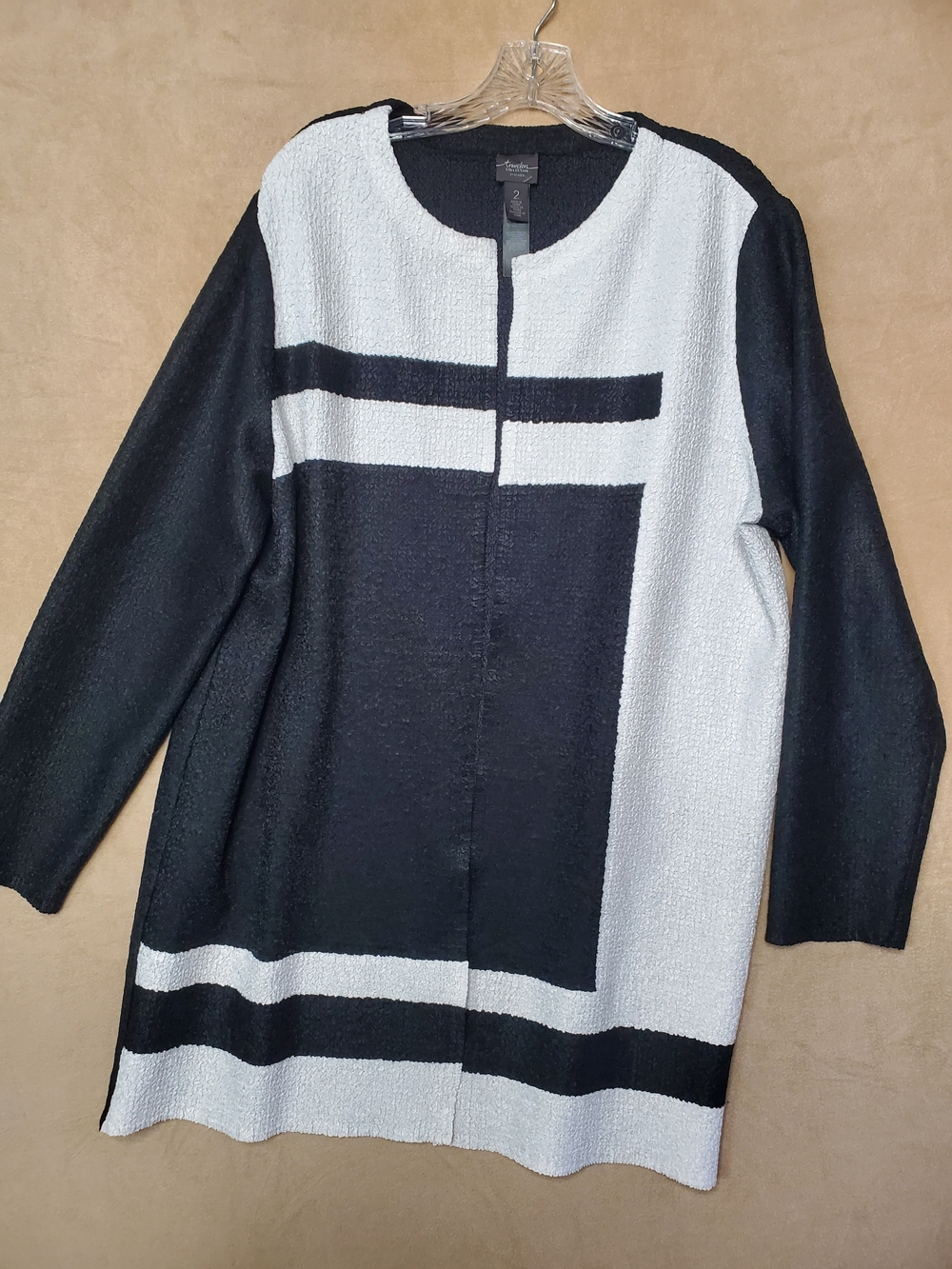 Chico's Black and White Geometric Open-Front Cardigan Jacket